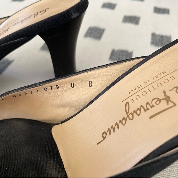 Salvatore Ferragamo Slides. Vintage Black Block Heels with Silver Logo Design. - Picture 3 of 5